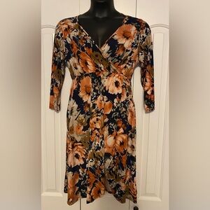 Sew In Love Orange Navy Brown Sheath Dress 3/4 Sleeve V-neck